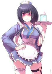 Rule 34 | &gt;:(, 1girl, apron, black hair, blue dress, blue headwear, blue kimono, blue nails, blue skirt, breasts, bridal garter, closed mouth, collarbone, commentary, contrapposto, cowboy shot, cup, dress, drinking straw, frilled apron, frilled kimono, frilled skirt, frilled sleeves, frills, gold trim, gradient hair, hand on own hip, hand up, highres, hina misora, holding, holding cup, holding plate, ice, ice cube, japanese clothes, juansimba97, kimono, kimono skirt, legwear garter, long hair, looking at viewer, low twintails, maid, maid apron, medium breasts, misopita (hina misora), multicolored hair, nail polish, o-ring, o-ring thigh strap, pink eyes, pink hair, plaid, plaid dress, plate, shaded face, signature, simple background, skirt, solo, spanish commentary, standing, thigh strap, twintails, twitter username, underbust, v-shaped eyebrows, virtual youtuber, wa maid, wactor production, white apron, white background, wide sleeves