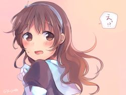 Rule 34 | !?, 10s, 1girl, ashigara (kancolle), blush, brown eyes, brown hair, from behind, fuji fujino, gradient background, hairband, kantai collection, long hair, looking back, pink background, solo, twitter username, uniform, upper body