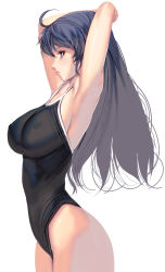 Rule 34 | 1girl, ahoge, armpits, arms up, black hair, blue eyes, breasts, covered erect nipples, curvy, highleg, highleg swimsuit, highres, kouno (masao), large breasts, long hair, one-piece swimsuit, original, profile, revision, school swimsuit, solo, standing, swimsuit, white background