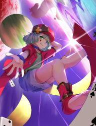 Rule 34 | arm up, barefoot, belt, blue choker, blue eyes, blue hair, blue shorts, brown belt, card, choker, dice, falling, floating, green eyes, green shirt, hat, heart, heterochromia, highres, hood, hooded jacket, jacket, legs up, lens flare, looking at viewer, no game no life, nose (oekaki1825), ocean, open mouth, parted lips, planet, red headwear, red jacket, shirt, short hair, short sleeves, shorts, soles, teeth, teto (no game no life), thighs, toeless footwear, toes, water