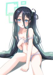 Rule 34 | 1girl, aris (blue archive), black hair, blue archive, bra, chi xiao, highres, long hair, looking at viewer, panties, simple background, sitting, solo, underwear, very long hair, white background, white bra, white panties