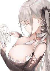 Rule 34 | 1girl, 7gao, azur lane, between breasts, black nails, breasts, detached collar, formidable (azur lane), from side, grey hair, hair ribbon, highres, large breasts, long hair, nail polish, parted lips, ribbon, simple background, sleeves past wrists, solo, twintails, upper body, white background