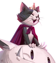 Rule 34 | animal focus, artist name, black fur, cait sith (ff7), cape, cat, closed eyes, crown, fangs, fangs out, final fantasy, final fantasy vii, final fantasy vii remake, gloves, highres, leandro franci, looking to the side, mini crown, moogle, no humans, open mouth, portrait, red cape, sitting, sitting on head, sitting on person, smile, solo, two-tone fur, upper body, whiskers, white background, white fur, white gloves