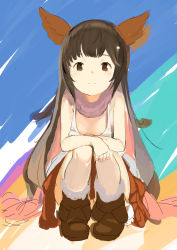 Rule 34 | 10s, 1girl, animal ears, ankle boots, aster (granblue fantasy), boots, breasts, brown eyes, brown footwear, brown hair, cat ears, cleavage, downblouse, erune, granblue fantasy, level.21, long hair, simple background, small breasts, smile, solo, squatting