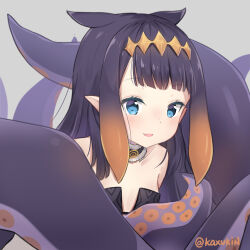 Rule 34 | 1girl, bare shoulders, black dress, blue eyes, breasts, brown hair, commentary, dress, gradient hair, grey background, hololive, hololive english, kaxukin, long hair, multicolored hair, ninomae ina&#039;nis, ninomae ina&#039;nis (1st costume), purple hair, simple background, small breasts, smile, solo, strapless, strapless dress, tentacle hair, tentacles, tube dress, twitter username, upper body, virtual youtuber