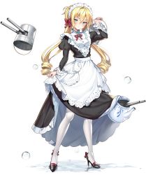 Rule 34 | 1girl, :&lt;, ahoge, alternate costume, apron, aqua eyes, black footwear, blue oath, blush, bow, breasts, bucket, cannon, closed mouth, drill hair, frills, frown, full body, hair between eyes, hair bow, highres, holding, holding bucket, juliet sleeves, long hair, long sleeves, looking at viewer, maid, maid headdress, medium breasts, mole, mole under mouth, pantyhose, puffy sleeves, queen elizabeth (blue oath), sidelocks, skirt hold, solo, tachi-e, teapot, transparent background, tsurime, turret, twintails, very long hair, white pantyhose