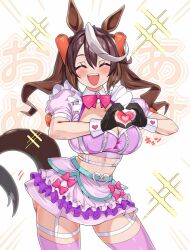 Rule 34 | 1girl, alternate costume, animal ears, text background, black gloves, blush, breasts, brown hair, carrot hair ornament, cleavage, closed eyes, food-themed hair ornament, frills, gloves, hair between eyes, hair ornament, heart, heart hands, horse ears, horse girl, horse tail, large breasts, long hair, multicolored hair, open mouth, sakurai energy, short sleeves, simple background, skirt, solo, sparkle, streaked hair, symboli rudolf (umamusume), tail, teeth, thigh strap, thighhighs, twintails, umamusume, upper teeth only, white hair