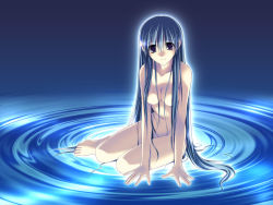 Rule 34 | 1girl, barefoot, blue eyes, blue hair, breasts, censored, cleavage, convenient censoring, large breasts, long hair, matching hair/eyes, nude, original, ripples, sitting, solo, takepon, very long hair, waves