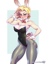 Rule 34 | 1girl, android 18, blonde hair, blue eyes, blush, bow, bowtie, breasts, cleavage, dragonball z, earrings, hand on own hip, jewelry, large breasts, leotard, looking at viewer, pantyhose, playboy bunny, rabbit ears, rabbit tail, shiny skin, smile, solo, standing, thighs