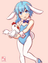 Rule 34 | 1girl, animal ears, asymmetrical hair, bird, blue eyes, blue hair, blue leotard, blush, bow, bowtie, chicken, covered navel, detached collar, fake animal ears, fake tail, gradient background, high heels, kanon (kurogane knights), kantai collection, leotard, looking at viewer, minazuki (kancolle), one-hour drawing challenge, pantyhose, pink background, playboy bunny, rabbit ears, smile, solo, strapless, strapless leotard, tail, white pantyhose