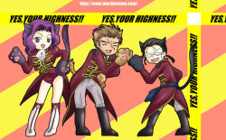 Rule 34 | 1girl, 2boys, animal ears, animal hands, black hair, boots, breasts, broccoli (company), brown hair, cat ears, character request, code geass, cornelia li britannia, crossover, ga rune pose, galaxy angel, galaxy angel rune, glasses, gloves, hand on own hip, large breasts, long hair, looking at viewer, looking back, military, military uniform, multiple boys, opaque glasses, parody, paw gloves, purple hair, short hair, smile, tail, uniform, watermark, web address