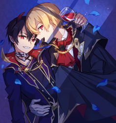 Rule 34 | 2boys, black hair, black nails, blonde hair, cup, drinking glass, eugeo, fang, gloves, grin, hair between eyes, highres, holding, holding cup, horns, kirito, male focus, multiple boys, nail polish, open mouth, petals, pointy ears, red eyes, red scarf, scarf, short hair, shoura, skin fang, smile, sword art online, vampire, white gloves, wine glass, yaoi