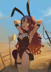 Rule 34 | 1girl, absurdres, animal ears, arm strap, armpits, arms behind head, arms up, bare shoulders, belt, black leotard, bow, bowtie, breasts, rabbit ears, cleavage, cowboy shot, day, desert, fake animal ears, flag, green eyes, hairband, highres, leotard, long hair, looking at viewer, medium breasts, open mouth, original, outdoors, playboy bunny, pouch, red hair, romana, sky, solo, standing, thigh strap, thighs, very long hair, wavy hair