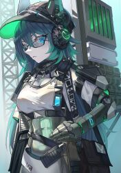 Rule 34 | 1girl, abs, android, baseball cap, black-framed eyewear, black hat, blue eyes, blue hair, breasts, closed mouth, commentary request, eyebrows hidden by hair, glasses, glowing, hair between eyes, hand on own hip, hat, headgear, headphones, highres, long hair, looking at viewer, mecha musume, medium breasts, natori youkai, original, puffy short sleeves, puffy sleeves, shirt, short sleeves, solo, very long hair, white shirt