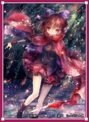 Rule 34 | 1girl, artist name, boots, border, cape, hair ornament, hair ribbon, long sleeves, looking at viewer, lowres, onineko, red border, red eyes, red hair, ribbon, sekibanki, shirt, short hair, skirt, solo, text focus, touhou, vest