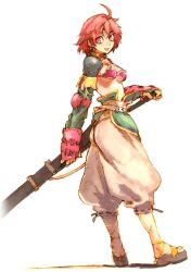 Rule 34 | 1girl, armor, bikini, bikini armor, bikini top only, breasts, cleavage, collar, fingerless gloves, full body, gloves, holding, holding sword, holding weapon, medium breasts, official art, pants, pauldrons, red eyes, red hair, revya (female), sandals, shadow, short hair, shoulder armor, simple background, solo, soul cradle, standing, swimsuit, sword, toi8, underboob, weapon