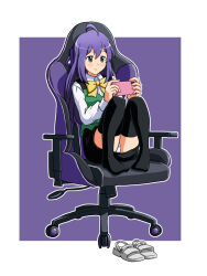 Rule 34 | 1girl, ahoge, aqua eyes, black skirt, black thighhighs, blush, border, bow, bowtie, chair, commentary, cosplay, dot nose, feet on chair, gaming chair, green vest, hair between eyes, hands up, holding, holding phone, idolmaster, idolmaster million live!, legs, lielos, light smile, long hair, long sleeves, looking at another, mochizuki anna, otonashi kotori, otonashi kotori (cosplay), panties, pantyshot, pencil skirt, phone, playing games, purple background, purple hair, sandals, shirt, sidelocks, sitting, skirt, solo, swivel chair, thighhighs, thighs, underwear, unworn sandals, vest, white border, white footwear, white panties, white shirt, yellow bow, yellow bowtie