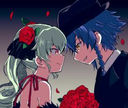 Rule 34 | 2girls, aimai (luckyfive), anchovy (girls und panzer), bad id, bad pixiv id, black headwear, blue hair, blush, braid, closed mouth, drill hair, fedora, flower, formal, girls und panzer, gradient background, grin, hair flower, hair ornament, hair ribbon, hat, imminent kiss, long hair, looking at another, multiple girls, parted lips, pepperoni (girls und panzer), ribbon, rose, short hair, simple background, smile, suit, teeth, yellow eyes, yuri