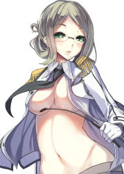 Rule 34 | 10s, 1girl, breasts, cleavage, epaulettes, glasses, gloves, green eyes, highres, kantai collection, katori (kancolle), konkito, large breasts, military, military uniform, riding crop, simple background, solo, underboob, uniform, white background