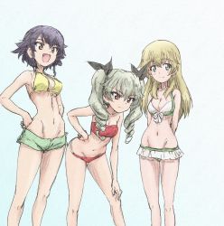 Rule 34 | 3girls, :d, anchovy (girls und panzer), arms behind back, artist name, bad id, bad twitter id, bikini, bikini shorts, black hair, black ribbon, blonde hair, braid, breasts, brown eyes, carpaccio (girls und panzer), closed mouth, commentary, drill hair, erakin, frilled bikini, frills, front-tie bikini top, front-tie top, girls und panzer, green bikini, green eyes, green hair, groin, hair ribbon, hand on own hip, hands on own hips, highres, leaning forward, long hair, looking to the side, medium breasts, mismatched bikini, multiple girls, navel, open mouth, pepperoni (girls und panzer), red bikini, red eyes, ribbon, short hair, shorts, side braid, signature, sketch, smile, standing, strapless, swimsuit, traditional media, tube top, twin drills, twintails, white bikini, yellow bikini