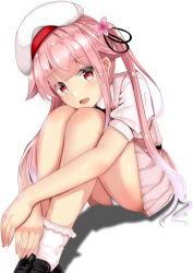 Rule 34 | 1girl, absurdres, beret, dress, dress shirt, flower, gradient hair, hair flower, hair ornament, harusame (kancolle), hat, highres, himura moritaka, hugging own legs, kantai collection, multicolored hair, official alternate costume, panties, pink dress, pink hair, red eyes, ribbon, shirt, side ponytail, simple background, sitting, solo, underwear, white background, white hat, white panties, white shirt