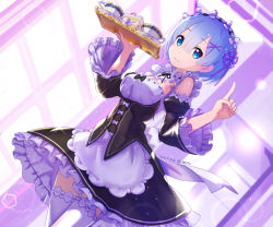 Rule 34 | 1girl, apron, bare shoulders, black bow, black ribbon, blue eyes, blue hair, blush, bow, breasts, closed mouth, commentary request, cowboy shot, cup, dated, detached sleeves, dress, dress bow, dutch angle, frilled apron, frilled dress, frilled sleeves, frills, hair ornament, hair ribbon, holding, holding tray, index finger raised, long sleeves, looking at viewer, maid, maid headdress, medium breasts, pink ribbon, re:zero kara hajimeru isekai seikatsu, rem (re:zero), ribbon, ribbon-trimmed clothes, ribbon-trimmed legwear, ribbon-trimmed sleeves, ribbon trim, roswaal mansion maid uniform, short hair, smile, solo, teacup, thighhighs, tray, ultramarimo, underbust, waist apron, white thighhighs, x hair ornament, zettai ryouiki