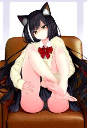 Rule 34 | 1girl, absurdres, animal ear fluff, animal ears, armchair, barefoot, beige sweater, black hair, black panties, black skirt, cameltoe, cat ears, chair, closed mouth, clothes between thighs, collared shirt, commentary request, dress shirt, feet, green eyes, highres, karyl (princess connect!), kavies, legs up, long hair, looking at viewer, multicolored hair, neck ribbon, panties, princess connect!, red ribbon, ribbon, school uniform, shirt, sitting, skirt, sleeves past wrists, solo, streaked hair, toes, two-tone hair, underwear, uniform, v-neck, very long hair, white hair, white shirt