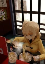 100_percent_orange_juice ahoge blonde_hair blowing bowl breast_rest breasts bukubukugobobo chopsticks eating food holding holding_chopsticks hood hood_down indoors long_sleeves low_ponytail maneki-neko medium_breasts noodles ramen saki_(orange_juice) salt steam suguri sweat table yellow_eyes yellow_raincoat