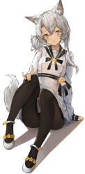 Rule 34 | 1girl, animal ear fluff, animal ears, asymmetrical hair, black pantyhose, blush, commission, dress, fang, flower, full body, grey eyes, hair between eyes, highres, kantai collection, kemomin nosuke, long sleeves, looking at viewer, nail polish, nowaki (kancolle), pantyhose, parted lips, shadow, silver hair, simple background, sitting, skeb commission, skin fang, solo, tail, white background, white footwear, yellow flower, yellow nails