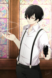 Rule 34 | 10s, 1boy, 91 days, aiming, aiming at viewer, avilio bruno, black hair, cigarette, cowboy shot, frown, gun, handgun, hato (hato1616), holding, holding gun, holding weapon, long sleeves, looking at viewer, male focus, pants, short hair, signature, sleeves pushed up, smoke, smoking barrel, solo, stained glass, suspenders, weapon, yellow eyes