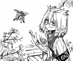Rule 34 | 1girl, arknights, armband, commentary, drone, feather hair, greyscale, hand up, jacket, looking at viewer, monochrome, owl ears, plant, rhine lab logo, short hair, silence (arknights), simple background, sketch, solo, twitter username, underwear, upper body, white background, yom (ymayma00ss)