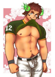 Rule 34 | 1boy, abs, american football uniform, animal ears, bara, bare pectorals, brown eyes, brown hair, bulge, clothes in mouth, cow boy, cow ears, cow horns, dark-skinned male, dark skin, facial hair, feet out of frame, fiery horns, forked eyebrows, glowing horns, goatee, highres, horns, large pectorals, male focus, mouth hold, muscular, muscular male, navel, navel hair, nipples, pants, pectorals, shibao, shirt in mouth, short hair, solo, spiked hair, sportswear, stomach, thick eyebrows, tokyo houkago summoners, underpec, wakan tanka, white pants