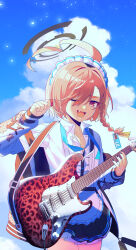 Rule 34 | 1girl, ;d, absurdres, ahoge, apron, black nails, blue archive, blue sky, blurry, braid, cloud, cloudy sky, collarbone, commentary request, depth of field, electric guitar, fang, frilled apron, frills, guitar, hair between eyes, hair ornament, halo, highres, holding, holding instrument, hwaen, instrument, jacket, long sleeves, looking at viewer, maid, maid apron, maid headdress, medium hair, music, nail polish, neru (blue archive), one eye closed, open clothes, open jacket, open mouth, outdoors, playing instrument, plectrum, print jacket, red eyes, red hair, sidelocks, single braid, skin fang, sky, smile, solo, sukajan