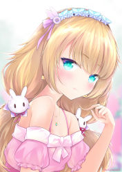 Rule 34 | 1girl, bare shoulders, blonde hair, blurry, blurry background, blush, butterfly hair ornament, chiyami, closed mouth, commentary request, copyright request, depth of field, dress, from side, green eyes, hair ornament, hand up, long hair, looking at viewer, looking to the side, pink dress, pink sleeves, puffy short sleeves, puffy sleeves, rabbit hair ornament, short sleeves, sleeveless, sleeveless dress, solo, twitter username, virtual youtuber