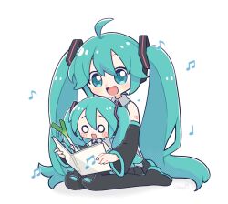 Rule 34 | 2girls, :d, ahoge, bare shoulders, beamed eighth notes, black footwear, black sleeves, blue hair, blush, book, boots, collared shirt, detached sleeves, dot nose, food, frilled shirt, frills, full body, hair between eyes, hatsune miku, highres, holding, holding book, holding food, holding vegetable, ievan polkka (vocaloid), long hair, long sleeves, looking at viewer, multiple girls, musical note, najo, number tattoo, open mouth, shirt, sidelocks, signature, simple background, sitting, sleeveless, sleeveless shirt, smile, spring onion, tattoo, thigh boots, twintails, vegetable, very long hair, vocaloid, wariza, white background, white shirt
