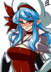 Rule 34 | 1girl, bat wings, beret, bespectacled, blue hair, breasts, cleavage, elbow gloves, female focus, glasses, gloves, hat, large breasts, aged up, pointy ears, red eyes, remilia scarlet, short hair, solo, sunglasses, tajima yuuki, touhou, wings