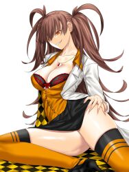 Rule 34 | 1girl, artist request, bra, breasts, brown hair, dr. arach, highres, lab coat, lace, lace bra, large breasts, long hair, looking at viewer, orange thighhighs, orange vest, patterned clothing, smile, thighhighs, tsukihime, tsukihime (remake), underwear, vest, white background, yellow eyes
