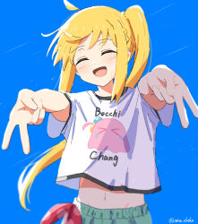 Rule 34 | 1girl, ^ ^, ahoge, ama (ama ekaku), blonde hair, blue background, bocchi the rock!, closed eyes, clothes writing, commentary request, cowboy shot, cropped shirt, detached ahoge, double gyaru v, double v, facing viewer, flat chest, gotoh hitori, gotoh hitori (octopus), gyaru v, highres, hip bones, ijichi nijika, long hair, midriff, navel, open mouth, outstretched arms, print shirt, shirt, short sleeves, side ponytail, sidelocks, simple background, smile, solo, standing, t-shirt, twitter username, v, very long hair, white shirt