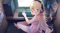 Rule 34 | 1girl, bare legs, barefoot, blonde hair, blue ribbon, blush, computer, cup, desk, feet, female focus, frills, from above, from behind, glasses, hair between eyes, indoors, juice, keyboard (computer), kogado, legs, long hair, looking at viewer, looking back, low ponytail, monitor, mouse (computer), mugendou saki, open mouth, panties, red-framed eyewear, red eyes, ribbon, scrunchie, see-through, semi-rimless eyewear, sitting, solo, striped clothes, striped panties, surprised, sweatdrop, thighs, toes, underwear, yumeututu reuff1a master