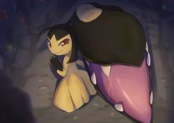 Rule 34 | cave interior, closed mouth, commentary request, creatures (company), extra mouth, game freak, gen 3 pokemon, hand up, highres, looking at viewer, mawile, midori ryoueoru, nintendo, pokemon, pokemon (creature), red eyes, smile, solo, standing