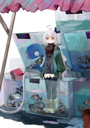 Rule 34 | 1girl, absurdres, ahoge, aquarium, arknights, bag, belt, belt buckle, black belt, black shirt, black thighhighs, blue ribbon, boots, bucket, buckle, bulong144, chinese commentary, closed mouth, commentary request, expressionless, fish, full body, gloves, green jacket, grey gloves, grey hair, grey shorts, hair ribbon, highres, holding, holding bag, holding stuffed toy, jacket, jitome, long hair, long sleeves, official alternate costume, open clothes, open jacket, orange eyes, plastic bag, puddle, ribbon, sea urchin, shirt, shoelaces, shorts, skadi (arknights), skadi (the next afternoon tea) (arknights), solo, stuffed animal, stuffed fish, stuffed toy, thighhighs, very long hair, yellow footwear