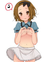 Rule 34 | 00s, 1girl, bad id, bad pixiv id, bow, breasts, brown eyes, brown hair, clothes lift, convenient censoring, hairband, head tilt, heart, heart hands, k-on!, looking at viewer, midriff, miniskirt, navel, no bra, pantarou, shirt lift, short hair, simple background, skirt, smile, solo, spoken heart, standing, tainaka ritsu, underboob, white background, wind, wind lift