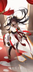 Rule 34 | 1girl, absurdres, black hair, blood, blood on ground, clenched hand, curtains, dress, earrings, floating clothes, glaring, gold, high heels, highres, holding, holding sword, holding weapon, horns, jewelry, long hair, looking at viewer, lucia: plume (eventide glow) (punishing: gray raven), lucia (punishing: gray raven), necklace, pillar, punishing: gray raven, red eyes, sunlight, sword, tassel, weapon, xe367
