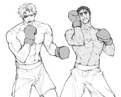 Rule 34 | 2boys, abs, ao isami, bara, boxing gloves, bruise, bruised eye, couple, cowboy shot, facial hair, greyscale, highres, injury, large pectorals, lewis smith, male focus, monochrome, multiple boys, muscular, muscular male, navel, nipples, pectorals, poyosoftware, sideburns stubble, stomach, stubble, thick eyebrows, topless male, wrestling outfit, yaoi, yuuki bakuhatsu bang bravern