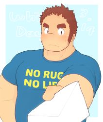 Rule 34 | 1boy, 3c pan, alternate costume, alternate hairstyle, bara, belly, blue shirt, blush, brown hair, clothes writing, embarrassed, english text, facial hair, facial scar, foreshortening, tamamura gunzo, highres, incoming letter, large pectorals, long sideburns, male focus, messy hair, muscular, muscular male, pectorals, scar, scar on cheek, scar on face, shirt, short hair, sideburns, solo, spiked hair, stubble, sweatdrop, thick eyebrows, tokyo houkago summoners, upper body