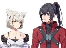 Rule 34 | 1boy, 1girl, animal ear fluff, animal ears, black hair, black shirt, blue eyes, braid, breasts, camisole, closed mouth, collarbone, covered collarbone, eye contact, grey hair, hair between eyes, highres, jacket, long sleeves, looking at another, looking to the side, medium breasts, mio (xenoblade), noah (xenoblade), off shoulder, open clothes, open jacket, parted bangs, ponytail, puffy long sleeves, puffy sleeves, red jacket, shirt, short hair, simple background, thick eyebrows, upper body, white background, white camisole, white jacket, xenoblade chronicles (series), xenoblade chronicles 3, yamamori kinako, yellow eyes