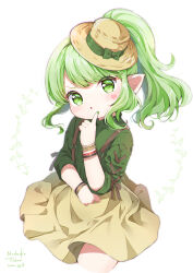 Rule 34 | 1girl, artist name, blush, bracelet, cross-laced clothes, cross-laced sleeves, dated, facial mark, final fantasy, final fantasy xiv, green eyes, green hair, hat, heart, heart facial mark, highres, index finger raised, jewelry, lalafell, long hair, looking at viewer, mochiko tsuru, multiple bracelets, nail polish, open mouth, pointy ears, ponytail, skirt, solo, sun hat, suspender skirt, suspenders