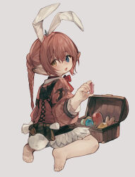 Rule 34 | 1girl, animal ears, bag, barefoot, blue eyes, blush, braid, brown hair, cross-laced clothes, final fantasy, final fantasy xiv, from behind, full body, gem, grey background, haiiro (frabilovelove), hair between eyes, heterochromia, highres, holding, holding gem, lalafell, long hair, looking at viewer, open mouth, pointy ears, rabbit ears, rabbit girl, rabbit tail, red ribbon, ribbon, satchel, seiza, single braid, sitting, solo, tail, treasure chest, yellow eyes