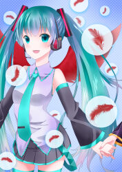 Rule 34 | 1girl, absurdres, aqua eyes, aqua hair, artist request, detached sleeves, feathers, grey shirt, happy, hatsune miku, highres, long hair, necktie, non-web source, shirt, skirt, sleeveless, sleeveless shirt, solo, source request, thighhighs, twintails, vocaloid, zettai ryouiki