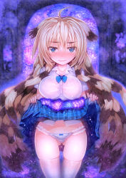Rule 34 | 1girl, blonde hair, blue eyes, blush, breasts, brown hair, char, clothes lift, flower, highres, hydrangea, large breasts, long hair, multicolored hair, original, panties, skirt, skirt lift, solo, tears, thighhighs, two-tone hair, underwear, white thighhighs